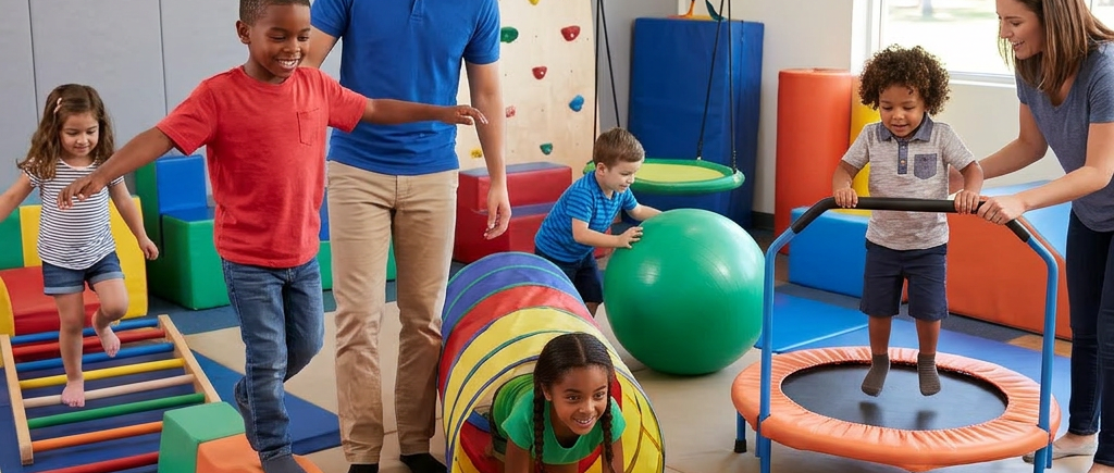 Children playing on soft climbing equipment, tunnel, trampoline, and exercise ball with two adult instructors in indoor gym